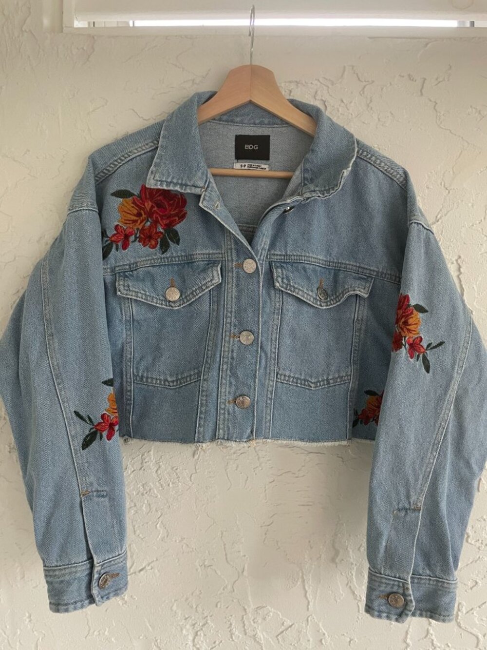 BDG Urban Outfitters Denim Jacket - distressed cropped flower embroidery